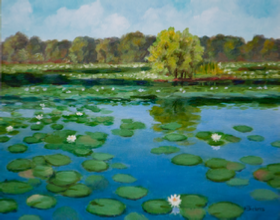 Lake Arthur Blooms - by Bob Bickeers,12 x 16, oil on board