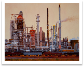 Refinery at Work - by Bob Bickers, 12 x 16, oil on board