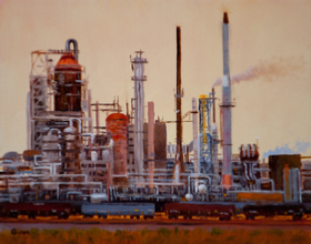 Refinery at Work - by Bob Bickers, 12 x 16, oil on board